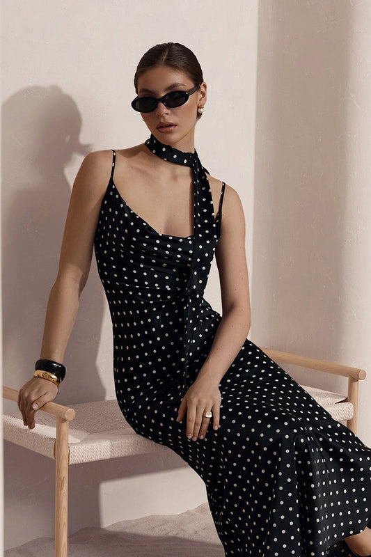Elegant Polka Dot Cowl Neck Maxi Dress