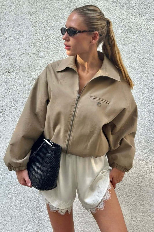 Zip Up Cropped Khaki Jacket