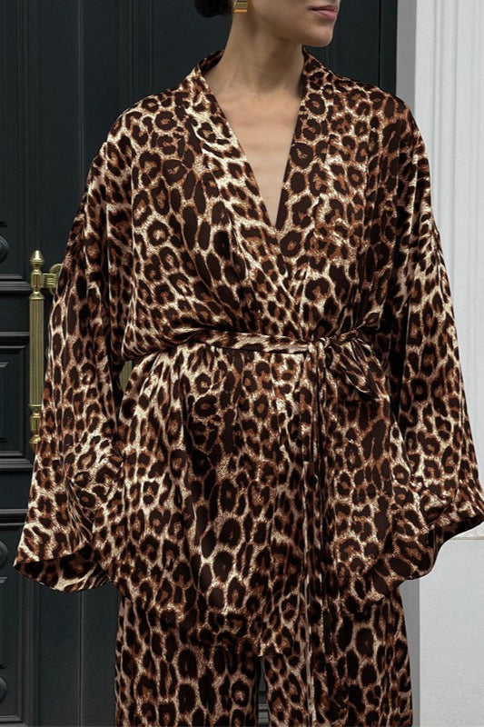 Chic Printed Long-Sleeve Shirt Belted Wide-Leg Pants Two Piece Set