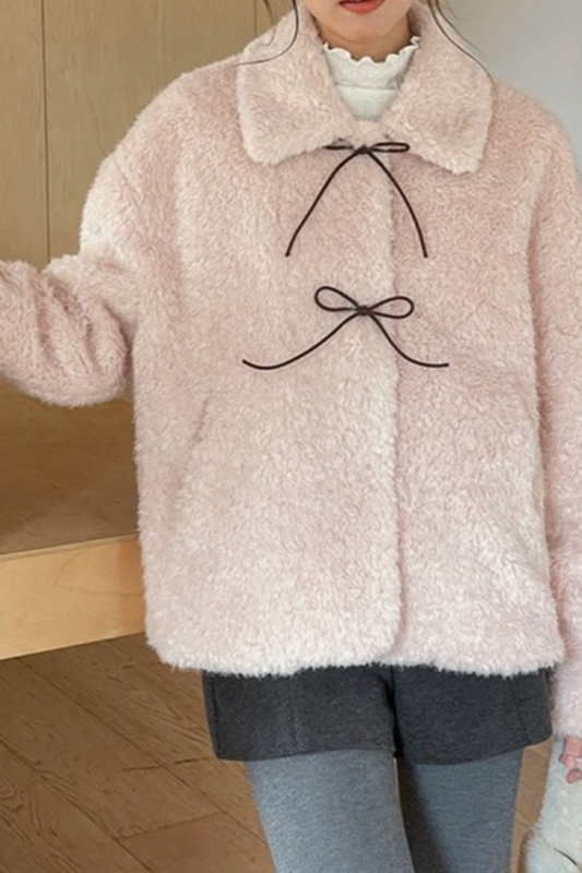 Vintage Color Block Bow Tie Fuzzy Tie-Up Coat