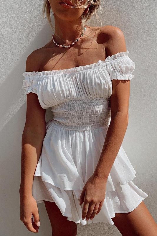 Embroidered Off Shoulder Wrap Mini Dress