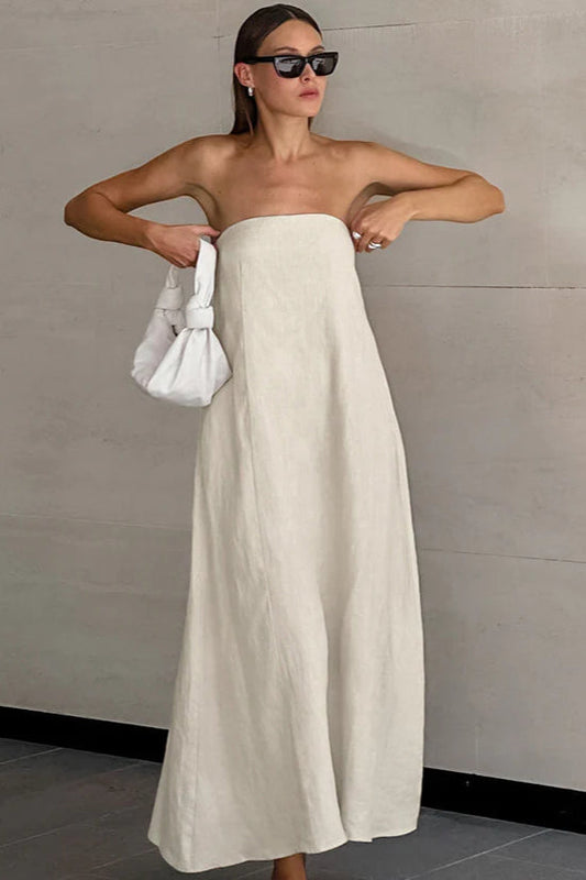 Khaki Cotton Linen Strapless Backless Maxi Dress