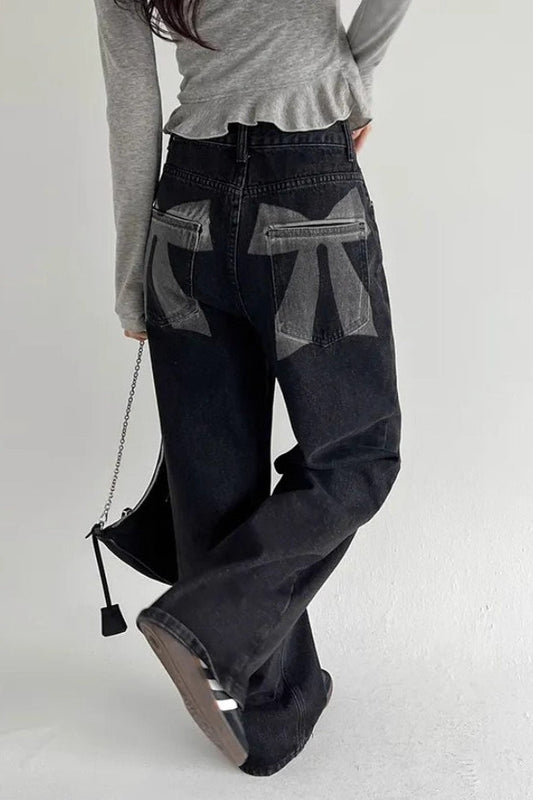 Washed Bow Print Pocket Wide Leg Jeans