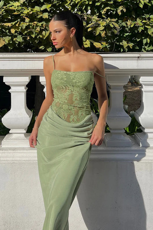 Lace Slim Fit Spaghetti Strap Ruched Maxi Dress
