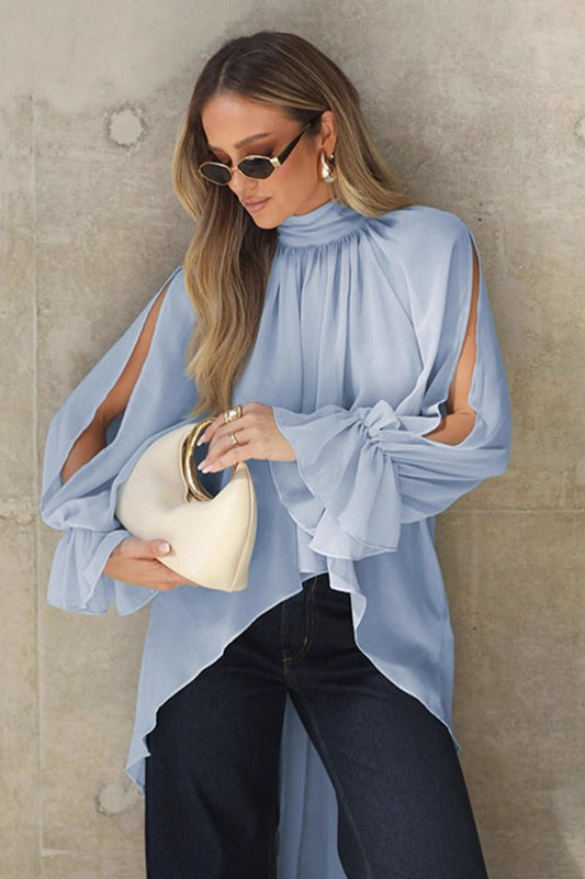 Blue Chiffon Bell Sleeve Cutout Bloshope