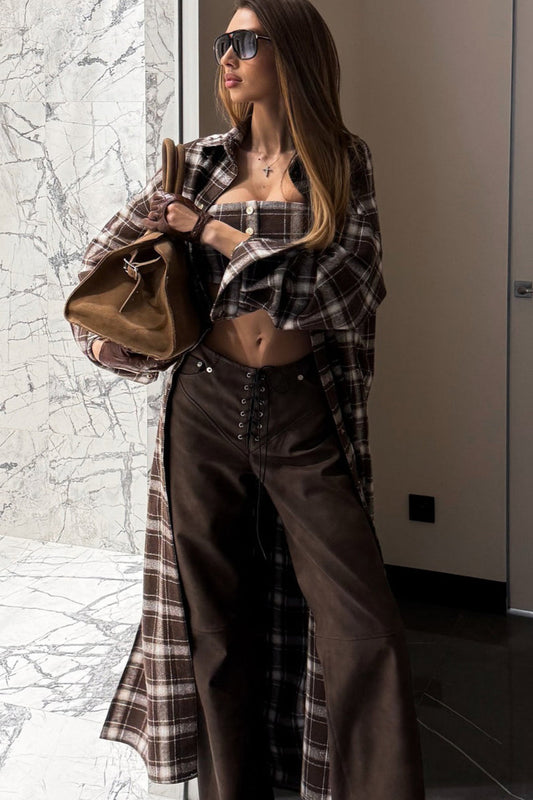 Designer Plaid Long Oversized Knee Length Shirt Overcoat