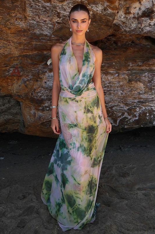 Watercolor Print Deep V Cowl Neck Backless Cami Ruched Maxi Dress