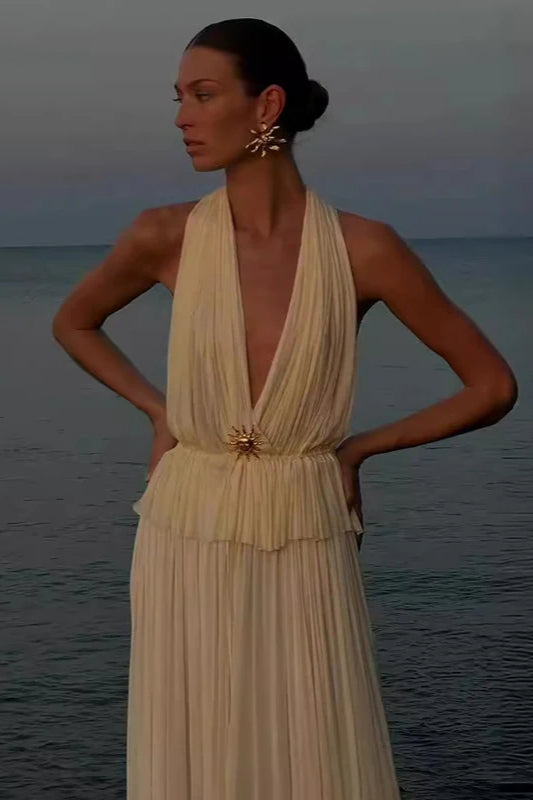 Pleated Halter Top Boho Dress
