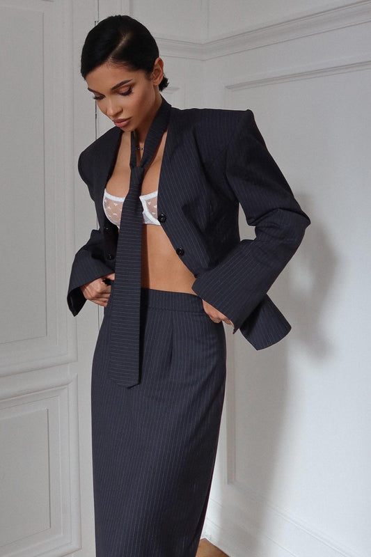 Vintage Striped V-Neck Blazer & Pencil Skirt Two Piece Set