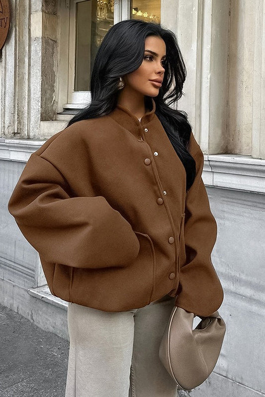 Maillard Brown Thickened Mid-Length Stand-Collar Woolen Jacket