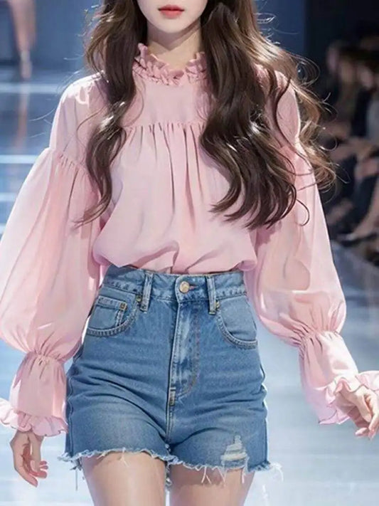 Lantern Sleeve Solid Stand Collar Bloshope