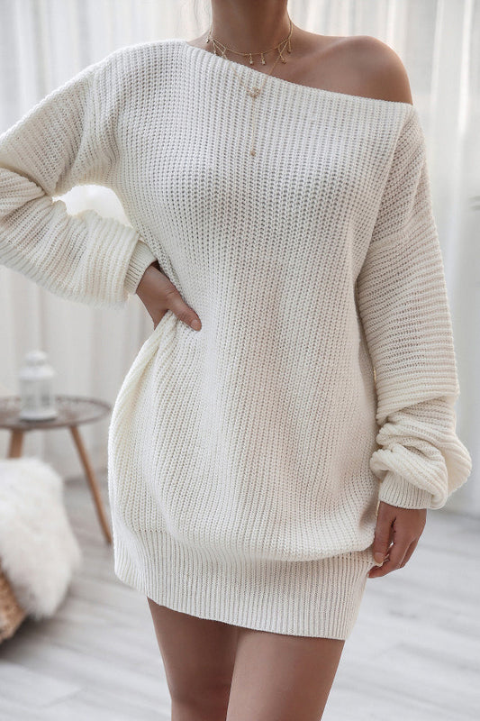 Ribbed Knit Boat Neck Long Sleeve Loose Mini Dress