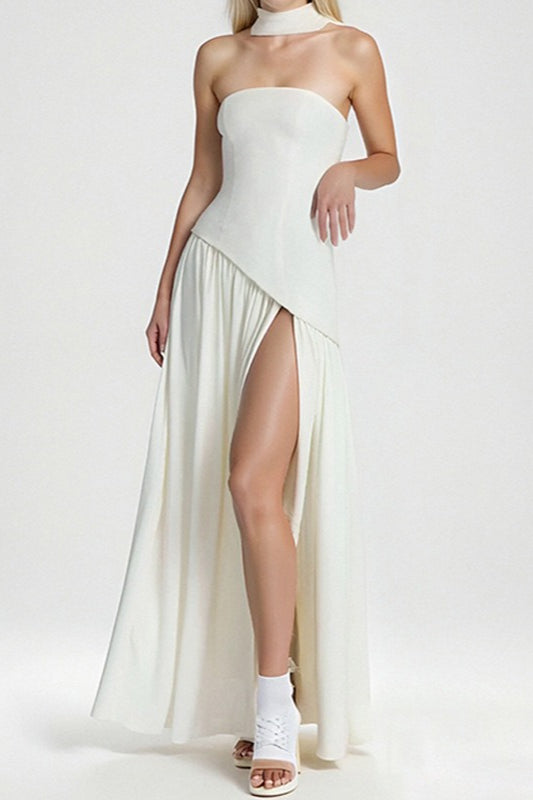 Solid Bustier High Slit Formal Dress