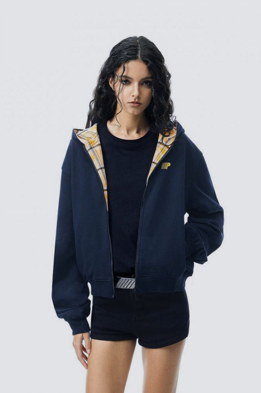 Plaid Color Block Zip Loose Hoodie