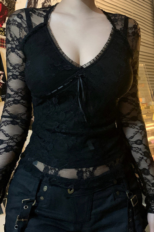 Sheer Panel Lace-Up Slim Knit Top