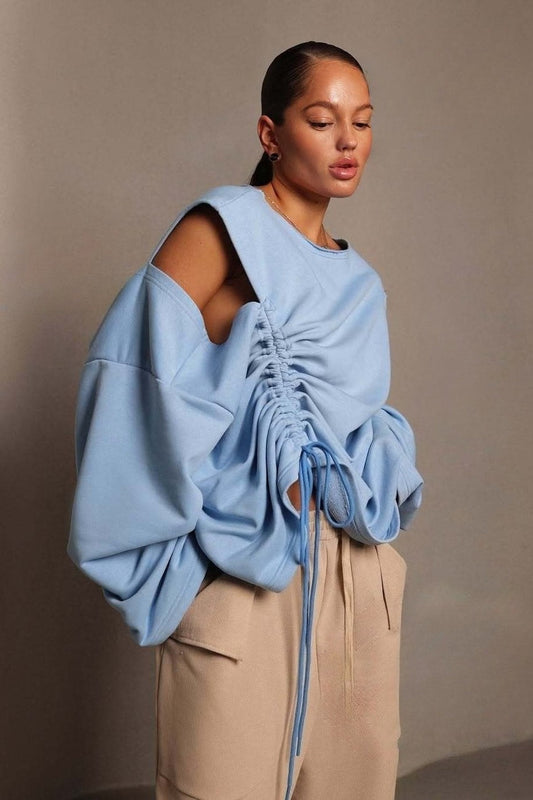 Structured Round Neck Pullover Drawstring Bloshope