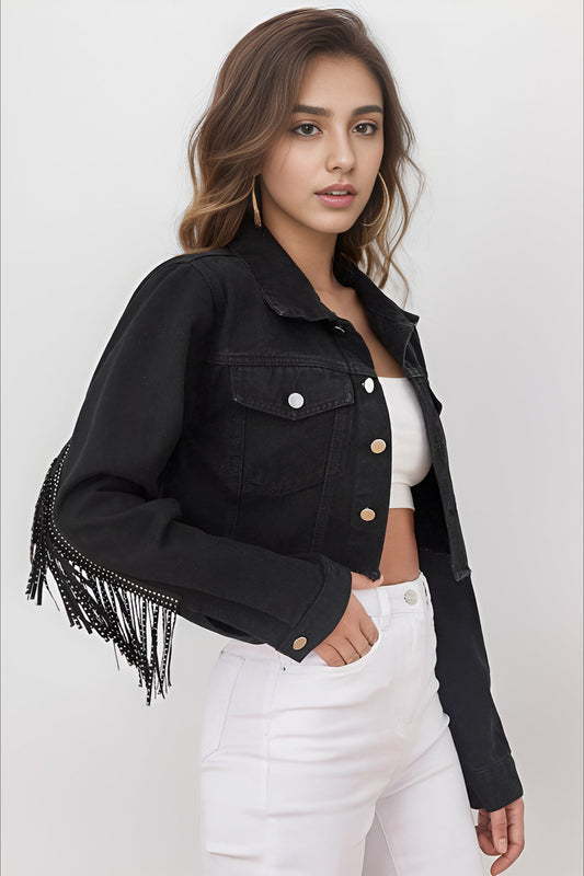 Beaded Fringe Raw Hem Denim Coat
