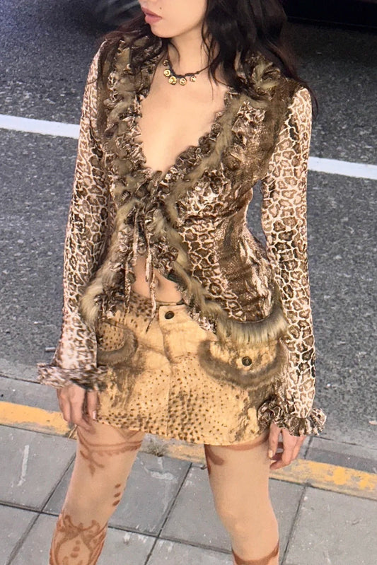 Harajuku Leopard Fur V-Neck Blouse