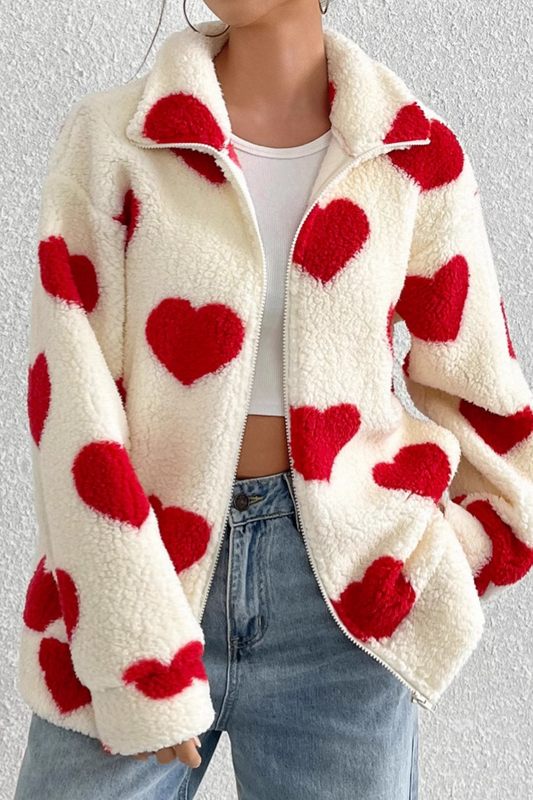 Fuzzy Heart Print Oversized Long Sleeve Zip Coat