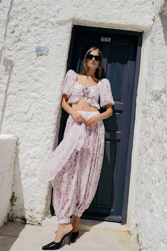 Pink White Floral Puff Sleeve Top Lantern Pants Two Piece Set