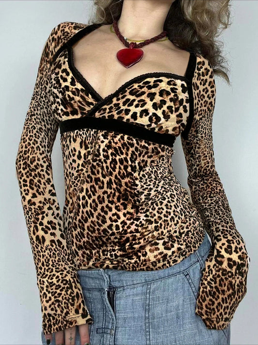 Leopard Patchwork Slim Square Collar Long Sleeve Knit Top