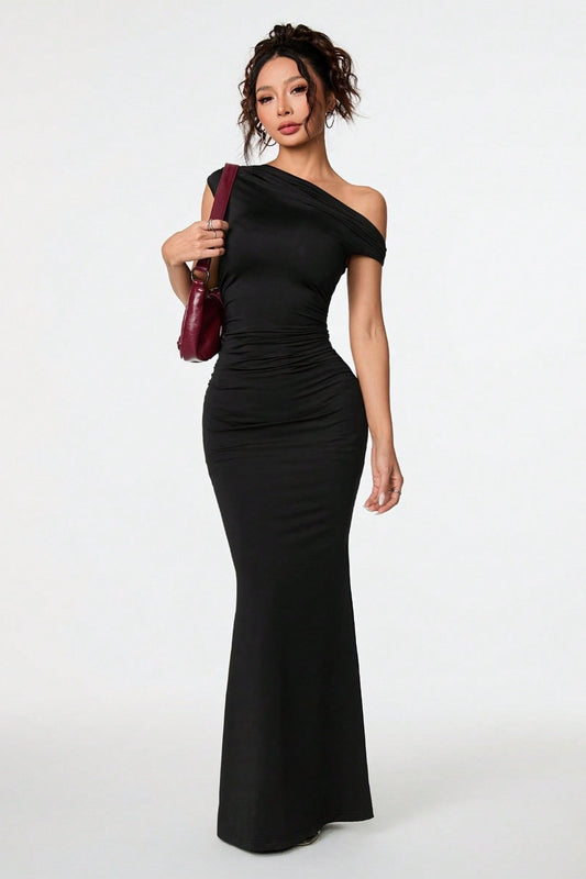 Black Asymmetric Neckline Formal Dress
