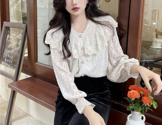 Lace Ruffle Edge Long Sleeve Bloshope Sweet Bloshope