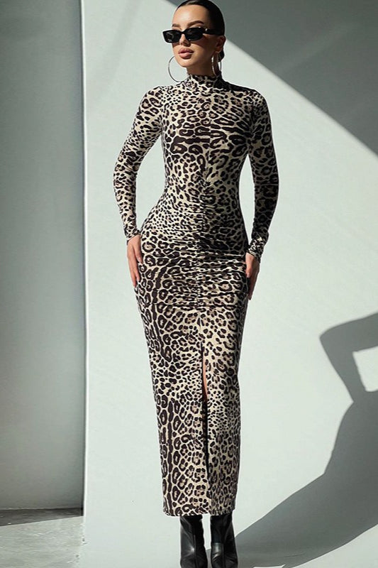 Leopard Print Long Sleeve High Neck Maxi Dress