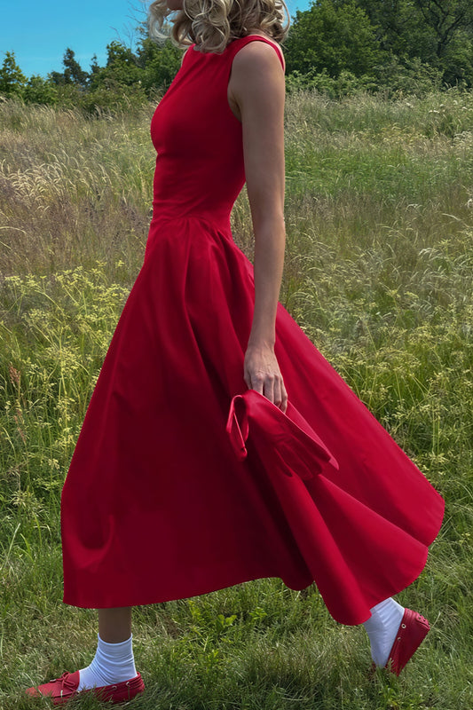 Fashion Solid Sleeveless Waisted Slim Midi Dress