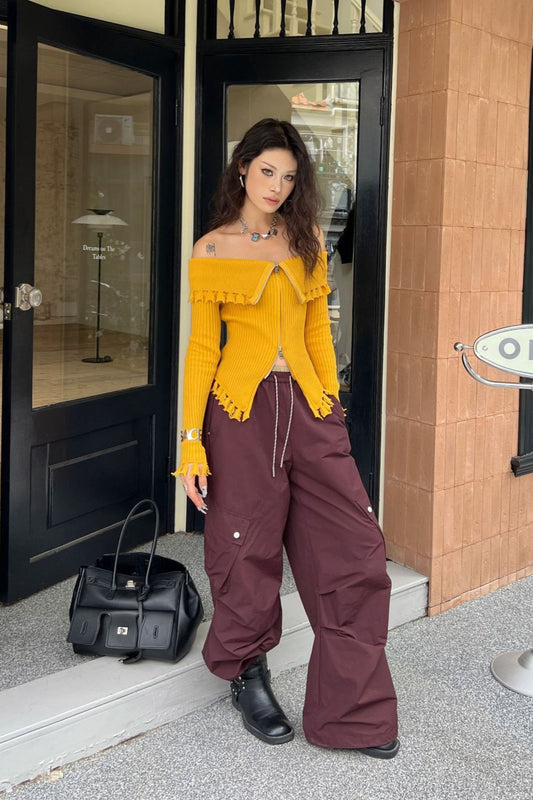 Distressed Knit Roll Collar Fitted Bloshope