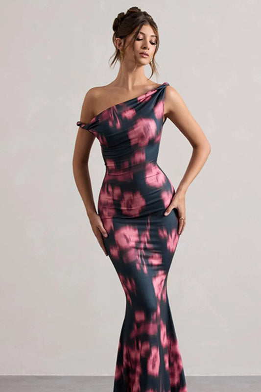 Floral Print One Shoulder Knot Mermaid Maxi Dress