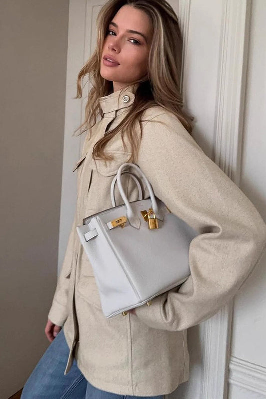 Retro Solid Collared Elastic-Waist Long-Sleeve Trench Jacket