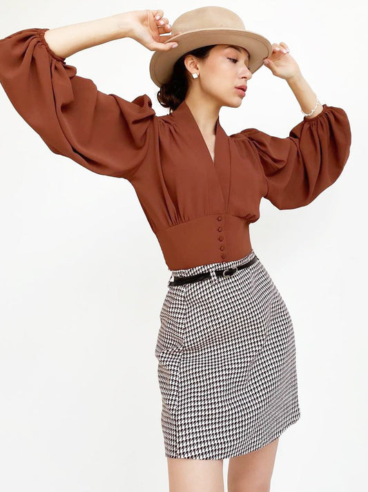 Vintage Lantern Sleeve V-Neck Slim Fit Bloshope