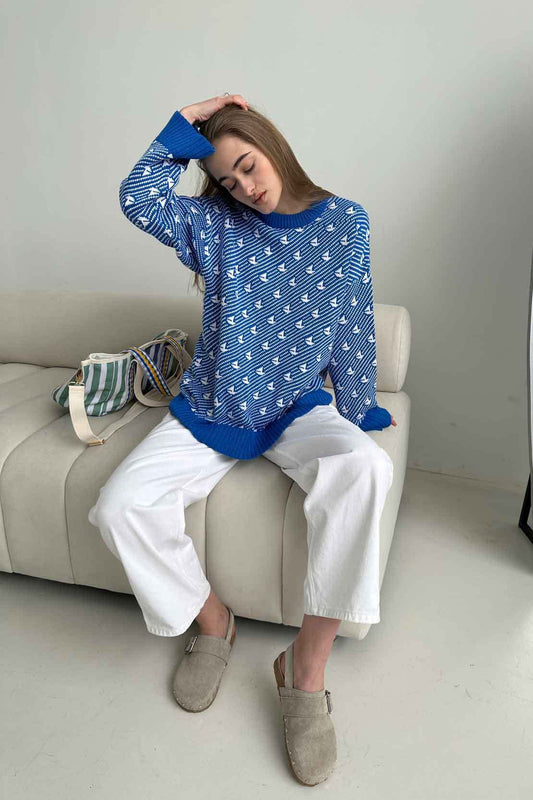 Sailboat Pattern Crew Neck Knit Sweater