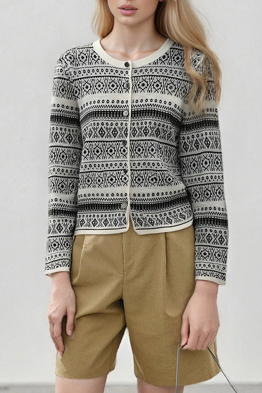 Vintage Jacquard Crew Neck Button Knit Cardigan