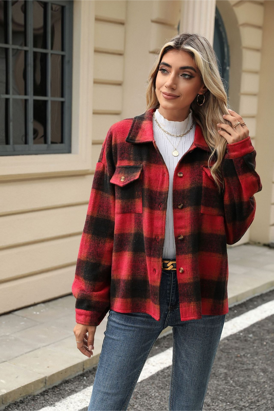 Loose Plaid Lapel Faux Wool Long Sleeve Coat