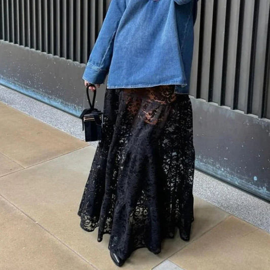 Lace Sheer A-Line Vintage Floral See-Through Skirt