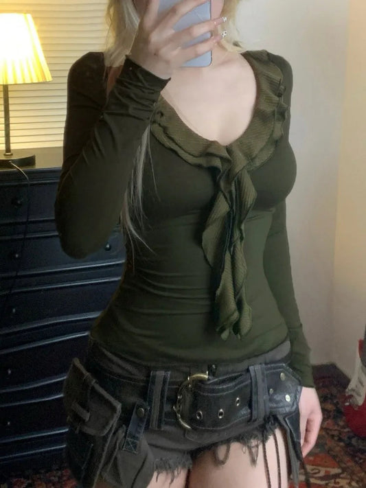 Ruffle V-neck Knit Top