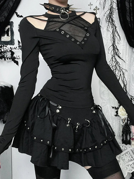 Hollow Mesh Patchwork Knit Top