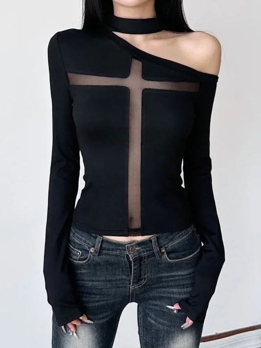 Cross Mesh Patchwork Knit Top