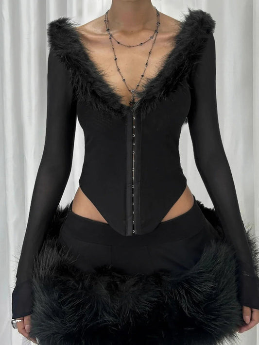 Furry Collar V-neck Knit Top