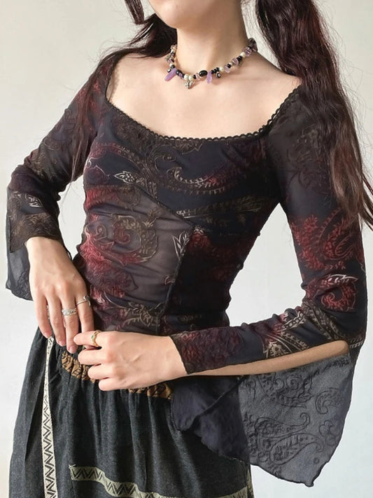 Floral Square Collar Knit Top