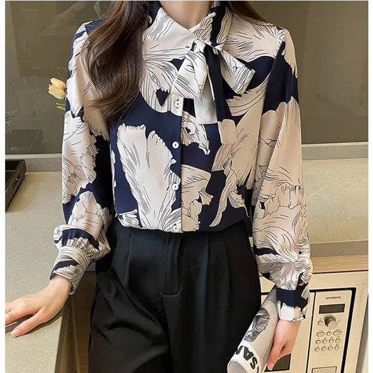 Chiffon Flower Button Up Long Sleeve Bloshope