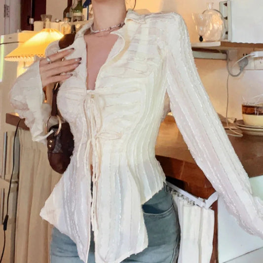 Lace Up Bloshope Turn-down Collar Women Bloshope