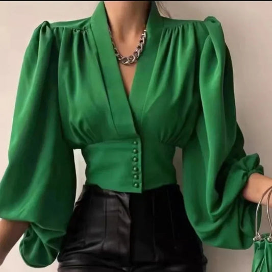 V-neck High Waist Lantern Sleeve Satin Bloshope