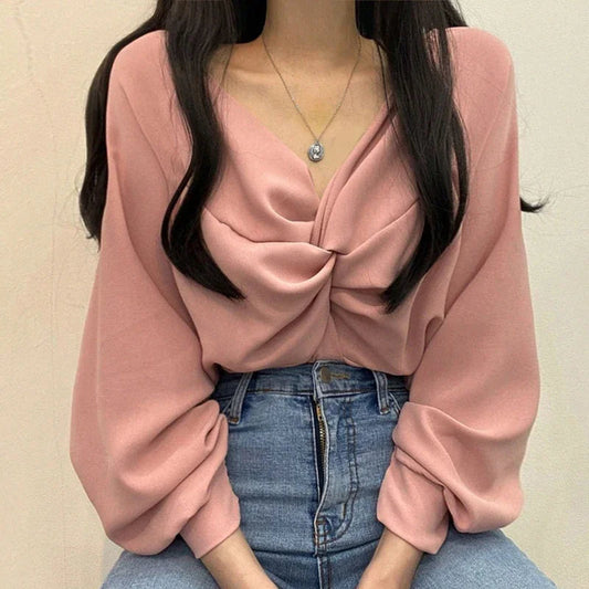 V-neck Twisted Lantern Sleeve Solid Casual Bloshope
