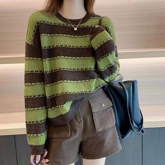 Striped Patchwork Round Neck Korean All - match Sweater