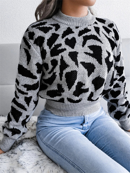 Leopard Pattern Waist Collection Round Neck Sweater
