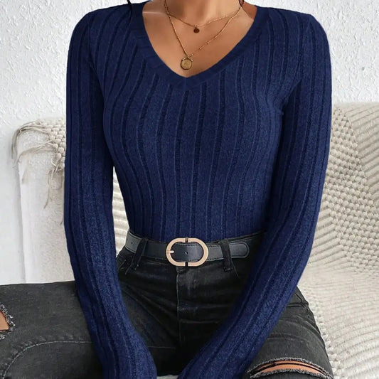Light Luxury Simple Slim Comfortable V-Neck Pullover Top Women