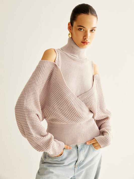 Oversized Wool Blend Turtleneck Cinched Knit Top Knit Tops